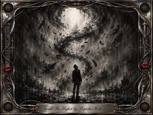 A solitary figure stands beneath a luminous opening as charcoal feathers, smoke, and shadow spiral upward in an elegant S-curve. Deep blacks, smoky grays, and stark white light create a haunted, yearning mood. An ornate chrome-and-gold musical frame, red lips, cables, speakers, and engraved title plate complete the dramatic composition.