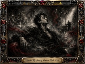A brooding charcoal portrait shows a solitary man reclining in a smoky nighttime cityscape, surrounded by drifting musical notes and crimson sound-like ribbons. Soft stage lighting reveals a distant keyboardist and microphone. Ornate chrome-and-gold framing features red lips, microphones, guitar motifs, equalizers, and a centered engraved title plate.