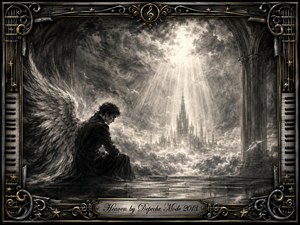 A solitary winged figure sits in quiet contemplation above misty clouds, facing a luminous Gothic city beneath radiant shafts of heavenly light. Deep charcoal blacks, smoky grays, and silvery highlights create a solemn, transcendent mood. Feathered textures, drifting plumes, cathedral arches, and an ornate gold-and-chrome musical frame enrich the dramatic composition.