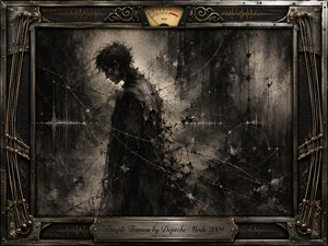 A solitary shadowed figure stands amid fractured charcoal textures, taut threadlike lines, and ghostly reflections, evoking emotional strain and fragile connection. Smoky black, gray, and sepia tones glow with restrained metallic highlights. An ornate industrial frame of strings, brass, chrome, speaker grilles, and a vintage VU meter completes the haunting composition.
