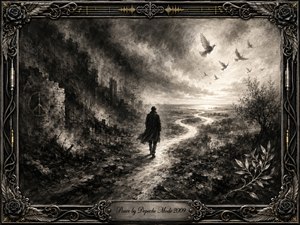 A lone figure walks through a shattered charcoal landscape toward a luminous horizon, following a winding path from darkness into calm. Doves rise through glowing clouds as olive branches soften the ruined foreground. Deep blacks, smoky grays, and pale light create a solemn yet hopeful mood, framed by ornate gothic musical metalwork.