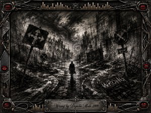 A lone figure walks through a fractured charcoal city where twisted roads, broken signs, and looming buildings suggest confusion and inevitable wrong turns. Deep blacks, smoky grays, and stark highlights create a bleak, anxious mood. An ornate industrial frame of metal, cables, equalizer motifs, and red lips surrounds the dramatic scene.