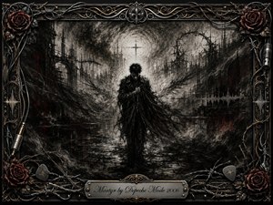 A solitary dark figure moves through a ruined, fog-filled industrial landscape beneath a pale halo of light, surrounded by thorn-like forms and sweeping charcoal shadows. Deep blacks, smoky grays, and restrained crimson accents create a solemn, haunted mood. An ornate metallic frame of roses, cables, barbed wire, and gold filigree completes the gothic composition.