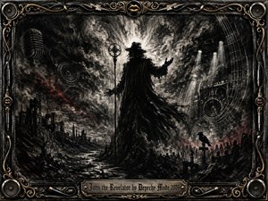 A shadowy prophet-like figure stands beneath a burst of radiant light in a ruined, storm-filled landscape, surrounded by ravens, distant crowds, speakers, and ghostly musical forms. Deep charcoal blacks, smoky grays, white highlights, and restrained crimson accents create an apocalyptic mood, framed by ornate gold, chrome, cables, and engraved gothic detailing.