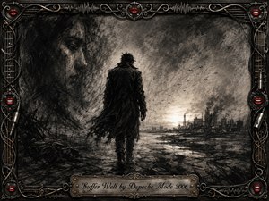 A solitary figure in a tattered dark coat walks across a bleak industrial shoreline toward distant light, while a ghostly face emerges from swirling charcoal shadows. Deep blacks, smoky grays, and pale highlights create a mournful yet resilient mood. An ornate metallic music-themed frame, red lips, cables, and engraved title plate complete the dramatic composition.