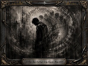 A solitary bowed figure stands within a swirling charcoal vortex, surrounded by ghostly echoes that suggest recurring pain and weary endurance. Deep blacks, smoky grays, and muted silver highlights create a somber industrial atmosphere. Expressive feathered textures contrast with an ornate chrome-and-gold musical frame, cables, sound motifs, and engraved title plate.