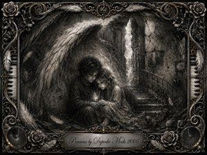 Two children huddle beneath vast protective wings in a ruined, shadowy interior, surrounded by cracked walls, scattered feathers, and a worn toy. Deep charcoal textures and silvery highlights create a tender, melancholy atmosphere. An ornate gothic frame of roses, piano keys, metal filigree, and musical details completes the intimate composition.