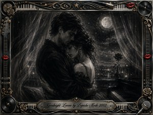 A tender couple embraces beneath a luminous moon in a shadowy, dreamlike room, surrounded by drifting curtains, distant lights, a rose, candle, and piano. Deep feathered charcoal creates a romantic, melancholy atmosphere, while silver, black, and gold dominate the palette. An ornate music-themed frame adds red lips, records, strings, and engraved details.