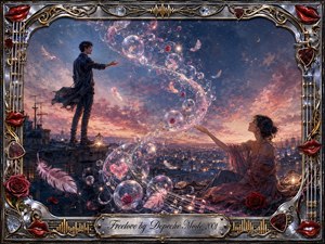 Two figures reach toward each other across a twilight rooftop, linked by a luminous S-curve of floating bubbles, feathers, roses, and musical notes. Dusky blues, blush pinks, crimson, and gold create a tender, dreamlike mood. Soft cinematic light enriches the painterly scene, surrounded by an ornate chrome-and-gold music-themed frame.