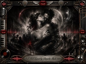 A sensual charcoal portrait shows an intimate couple embracing within a smoky, dreamlike nightclub atmosphere. Deep blacks, silvery grays, and restrained crimson accents create dramatic contrast, while swirling sound waves and soft halos suggest emotional intensity. An ornate chrome-and-gold music-themed frame features red lips, speakers, piano keys, vinyl, and an engraved title plate.