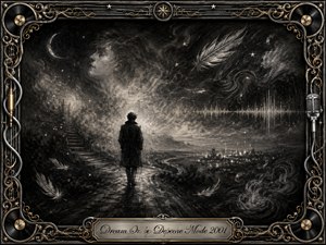 A solitary figure walks through a moonlit charcoal dreamscape, surrounded by drifting feathers, mist, distant lights, and a ghostly face emerging from the clouds. Deep blacks, smoky grays, and silver highlights create a haunting, reflective mood, while an ornate chrome-and-gold musical frame and engraved title plate complete the surreal composition.