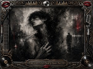A pale, androgynous figure dissolves into smoky charcoal shadows within a dark, dreamlike interior, surrounded by ghostly silhouettes and faint sound-wave patterns. Deep blacks, silvery grays, and restrained crimson accents create a sensual, melancholic mood. An ornate chrome-and-gold musical frame, red lips, records, strings, and microphone details complete the dramatic composition.
