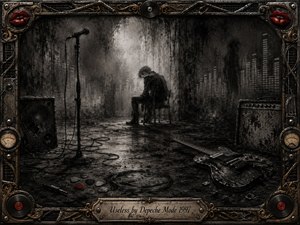 A solitary figure sits hunched in a decaying industrial room, surrounded by a silent microphone, battered amplifiers, abandoned guitar, tangled cables, and scattered picks. Deep charcoal blacks and smoky grays create a bleak, introspective mood, while pale central light reveals gritty textures. An ornate metallic frame adds gold details, red lips, records, and engraved titlework.