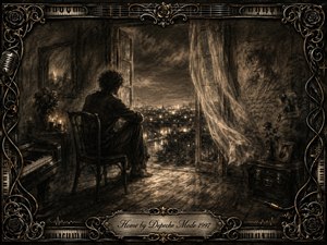 A solitary figure sits in a shadowed room, gazing through an open doorway toward distant city lights. Deep charcoal textures, warm sepia highlights, drifting curtains, candles, roses, and worn floorboards create a tender, introspective mood. An ornate musical frame surrounds the scene, finished with the engraved title plate, Home by Depeche Mode 1997.