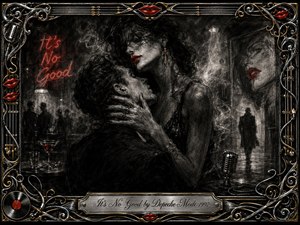 A shadowy couple embraces in a smoky nightclub, their tense intimacy captured in deep feathered charcoal. Black, gray, and silver tones dominate, pierced by vivid red lips and warm gold accents. Dramatic low lighting, neon glow, vintage microphones, vinyl motifs, and ornate metallic framing create a seductive, dangerous, film-noir atmosphere.