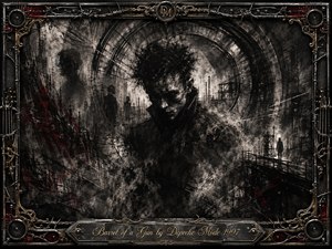 A brooding figure emerges from a fractured industrial landscape, surrounded by smoky silhouettes, factory structures, and a circular tunnel motif. Deep charcoal blacks, ash grays, silver highlights, and restrained crimson accents create a tense, haunted mood. Ornate metalwork, barbed wire, gold inlay, and engraved framing reinforce the dark industrial-rock aesthetic.