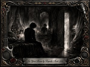 A solitary figure sits in a shadowy bedroom, surrounded by drifting curtains, mirrors, soft lamplight, and an open doorway glowing through smoky darkness. Deep feathered charcoal creates a haunting, intimate mood, accented by crimson roses and lips. An ornate chrome-and-gold musical frame and engraved title plate complete the dramatic composition.