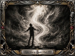 A solitary figure stands beneath a radiant celestial opening, arms outstretched as swirling charcoal clouds, musical notes, and winglike forms rise around him in an elegant S-curve. Deep blacks, smoky grays, silver highlights, and gold accents create a spiritual, yearning mood, framed by ornate music-themed metalwork and vivid red lips.