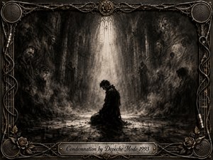 A solitary kneeling figure occupies a ruined cathedral-like hall, surrounded by ghostly faces emerging from charcoal shadows. A pale shaft of light descends from a high window, creating a solemn, judgmental atmosphere. Deep blacks, smoky grays, and sepia tones dominate, framed by ornate metalwork, roses, cables, and engraved musical details.