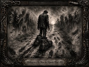 A weary lone figure trudges down a scarred, muddy path in enormous battered shoes, surrounded by ghostly judging faces emerging from smoky walls. Deep charcoal blacks, muted grays, and a distant pale glow create a somber, introspective mood. An ornate industrial frame of chains, strings, metalwork, and speakers completes the haunting composition.