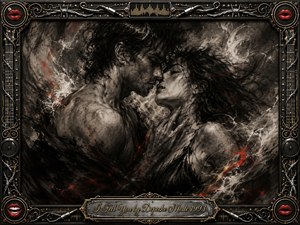 A passionate couple nearly touches amid swirling charcoal smoke, their faces and bodies emerging from deep black, gray, and ember-red textures. Dramatic chiaroscuro heightens the sensual, stormy mood. An ornate chrome-and-gold rock-inspired frame surrounds the scene, decorated with cables, speakers, red lips, filigree, and an engraved title plate.