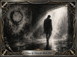 A solitary figure walks through a rain-soaked industrial interior toward a radiant opening, suggesting release, purification, and quiet renewal. Deep charcoal blacks, smoky grays, reflective puddles, and stark white light create dramatic contrast. An ornate chrome-and-gold musical frame surrounds the textured scene, finished with records, cables, microphone details, and an engraved title plate.