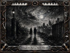 Two shadowed figures walk along a rain-slicked path toward a distant moonlit city, surrounded by mist, reflections, and swirling charcoal skies. Deep blacks, silvery highlights, and soft lamplight create a quiet, mysterious mood. An ornate chrome-and-gold musical frame with piano keys, records, cables, and microphone details completes the nocturnal composition.