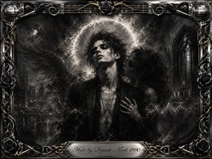 A pale, androgynous figure stands beneath a radiant halo while a shadowed companion leans close in a dreamlike city-chapel setting. Deep charcoal blacks, smoky grays, and silver highlights create a gothic, sensual mood. Feathered textures, faint wings, sound-wave curves, candles, roses, and an ornate metallic frame intensify the dramatic atmosphere.