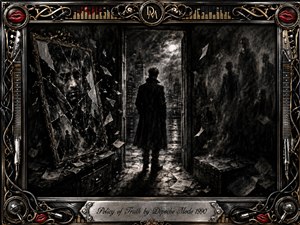 A solitary figure stands before a moonlit city, surrounded by fractured mirrors, drifting papers, and ghostly silhouettes in a brooding charcoal interior. Deep blacks, smoky grays, and sharp silver highlights create dramatic tension, accented by crimson lips. An ornate chrome-and-gold musical frame and engraved title plate complete the haunting composition.