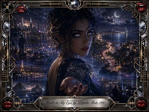 A mysterious woman with luminous, reflective eyes reaches toward the viewer against a dreamlike nocturnal panorama of cities, coastlines, highways, and distant landmarks. Midnight blues, silver, violet, crimson, and gold glow under cinematic lighting. An ornate Art Deco frame of chrome, records, cables, red lips, and sound-wave details completes the sensual digital painting.