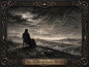 A solitary figure sits quietly on a windswept hill, overlooking a misty valley beneath a moonlit, cloud-filled sky. Deep charcoal textures create a contemplative, melancholic mood, while fading musical waves dissolve into silence. An ornate black-and-gold frame, accented with speakers, cables, and filigree, surrounds the atmospheric composition.