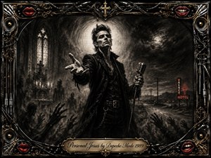 A brooding charcoal portrait shows a commanding singer reaching toward the viewer, framed by ghostly hands, chapel shadows, a desolate highway, and glowing motel neon. Dramatic halo-like lighting cuts through smoky blacks and grays, while crimson lips, chrome cables, gold filigree, and musical hardware create an ornate gothic rock frame.