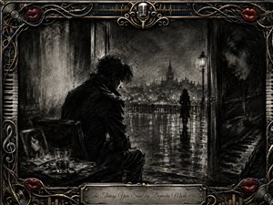 A solitary man sits beside a rain-darkened window, watching a distant figure cross a reflective city terrace beneath hazy lights. Deep feathered charcoal textures, smoky shadows, and silvery highlights create a melancholic, introspective mood. An ornate music-themed metallic frame, accented with red lips, piano keys, cables, records, and an engraved title plate, completes the composition.