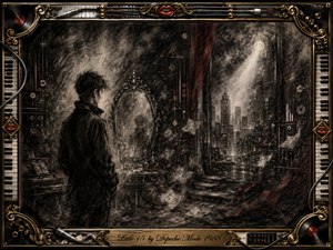 A solitary young figure stands in a shadowy interior beside an ornate mirror, gazing toward a misty nighttime city. Deep feathered charcoal textures, silver-gray light, muted crimson drapery, and drifting papers create a melancholic, dreamlike mood. An elaborate gold-and-chrome musical frame, piano keys, vinyl records, cables, and engraved title plate complete the composition.