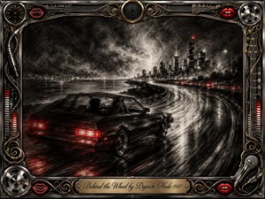 A sleek black car speeds along a rain-slicked coastal highway toward a glowing city, its crimson taillights streaking across the pavement. Deep feathered charcoal textures create a smoky, nocturnal mood, while chrome, gold, musical hardware, neon lips, and equalizer details form an ornate frame around the dramatic composition.