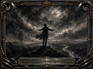 A windswept figure stands on a dark ridge above a glowing city, arms open beneath a turbulent moonlit sky. Deep charcoal textures, silver-gray highlights, and smoky shadows create a dramatic, melancholic sense of freedom. An ornate chrome-and-gold music-themed frame surrounds the scene, finished with speakers, cables, filigree, and an engraved title plate.