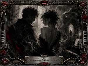 A shadowed couple faces one another in a smoky, gothic interior, charged with longing, mystery, and emotional tension. Deep feathered charcoal textures, silvery highlights, and restrained crimson accents create dramatic contrast. An ornate chrome-and-gold musical frame surrounds the scene with red lips, roses, piano keys, cables, and an engraved title plate.