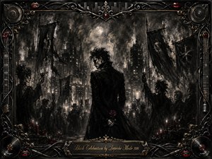 A solitary dark-clad figure stands amid a solemn nighttime gathering in a smoky gothic city, holding a deep red rose as shadowy guests raise glasses beneath tattered banners. Feathered charcoal textures, silvery moonlight, muted crimson accents, and dramatic chiaroscuro create a brooding ceremonial mood, enclosed by an ornate music-inspired metallic frame.