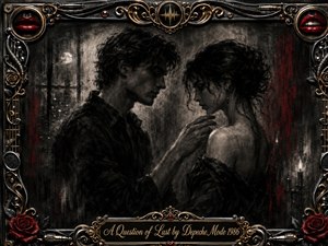 A shadowy couple stands inches apart in a dim, rain-streaked interior, their restrained touch conveying longing, vulnerability, and tension. Deep feathered charcoal textures dominate, illuminated by soft moonlight and faint candle glow. Crimson accents, roses, red lips, chrome, gold filigree, cables, and audio motifs enrich the ornate musical frame.
