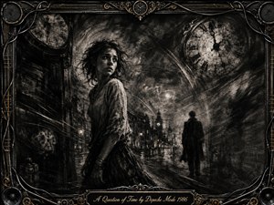 A young woman stands tensely on a rain-darkened city street as a distant figure walks beneath looming clock faces. Deep charcoal textures, smoky blacks, pale gray highlights, and faint gold accents create an urgent, haunting mood. Sweeping time motifs surround the scene, framed by ornate metalwork, cables, gears, and an engraved title plate.