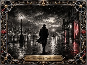 A solitary figure walks along a rain-soaked city promenade beneath a turbulent charcoal sky, surrounded by glowing streetlamps, distant buildings, and shimmering pavement reflections. Deep blacks, silvery whites, and vivid red neon accents create a melancholy yet liberating mood, framed by ornate chrome, gold, vinyl records, stars, musical motifs, and an engraved title plate.