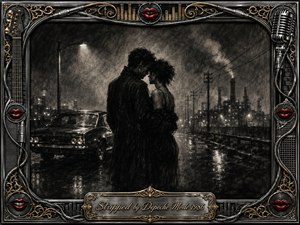 A silhouetted couple embraces on a rain-slicked industrial road beside a vintage car, surrounded by smokestacks, power lines, fog, and dim streetlights. Deep charcoal textures and smoky grays create a brooding, intimate mood, while silver highlights shimmer across wet pavement. An ornate chrome-and-gold musical frame features microphones, cables, red lips, and an engraved title plate.