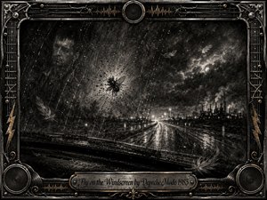 A rain-streaked windscreen frames a haunting nighttime highway, where a shattered fly clings to the glass beside a faint ghostlike face. Deep charcoal blacks, silvery highlights, drifting feathers, and blurred industrial lights create a brooding, fatalistic mood. An ornate chrome-and-gold music-inspired frame completes the dark, textured composition.