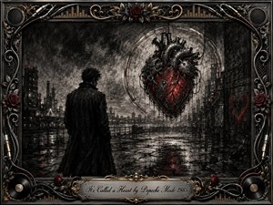 A solitary figure in a dark rain-soaked city faces a suspended mechanical heart glowing crimson against smoky charcoal grays. Wet pavement reflects scattered light, creating a brooding, introspective mood. Deep feathered charcoal textures dominate, framed by ornate chrome, gold filigree, roses, cables, records, and an engraved title plate.