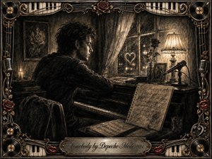 A solitary man sits at a piano beside a rain-streaked window, lost in quiet reflection. Deep charcoal textures, warm sepia highlights, candlelight, and a glowing lamp create an intimate, melancholic mood. A microphone, roses, sheet music, and a heart-shaped window mark enrich the scene, framed by ornate musical goldwork.