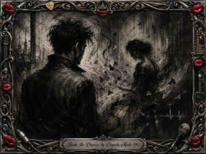 A brooding charcoal scene shows two distant figures divided by swirling smoke, fractured marks, and shadowy urban textures, suggesting emotional tension and unspoken longing. Deep blacks and silvery grays dominate, accented by vivid red lips, chrome, and gold filigree. An ornate music-themed frame and engraved title plate complete the gothic composition.