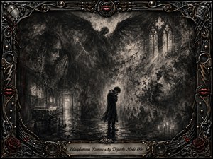 A solitary, grief-stricken figure stands beneath looming charcoal shadows in a ruined cathedral-like setting, surrounded by ghostly faces, a hospital bed, candles, and fractured light. Deep blacks, smoky grays, pale highlights, and restrained red accents create a mournful gothic mood, framed by ornate chrome, gold filigree, roses, cables, and engraved metal.