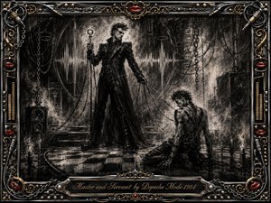 A commanding dark figure stands over a kneeling companion in a smoky industrial stage, linked by thin cords and chains that suggest control and submission. Deep charcoal textures, stark monochrome lighting, speakers, cables, and checkerboard flooring create tense drama, while ornate chrome, gold filigree, red lips, and engraved lettering frame the scene.