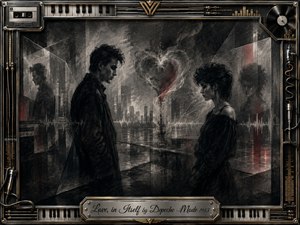 Two solitary figures face one another across a shadowy, dreamlike urban interior, divided by reflective geometric planes and a smoky heart suspended between them. Deep charcoal blacks, silvery grays, and muted crimson accents create a melancholic mood, while soft dramatic lighting and an ornate music-themed chrome-and-gold frame evoke elegant 1980s synth-pop imagery.