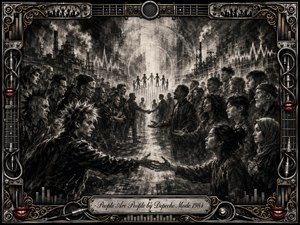A dramatic charcoal scene shows diverse groups facing one another in a smoky industrial city, their tension gradually giving way to connection as two figures reach across the divide. Deep blacks, silvery grays, and white light create stark contrast, while an ornate chrome-and-gold music-themed frame, red lips, cables, and engraved title plate complete the design.